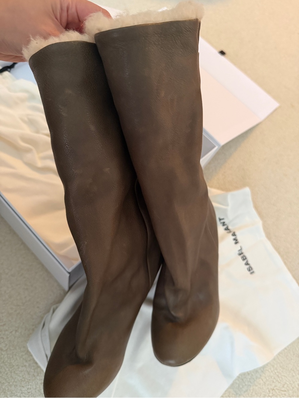 Isabel Marant Brown Leather Shearling-Trim Tall Boots